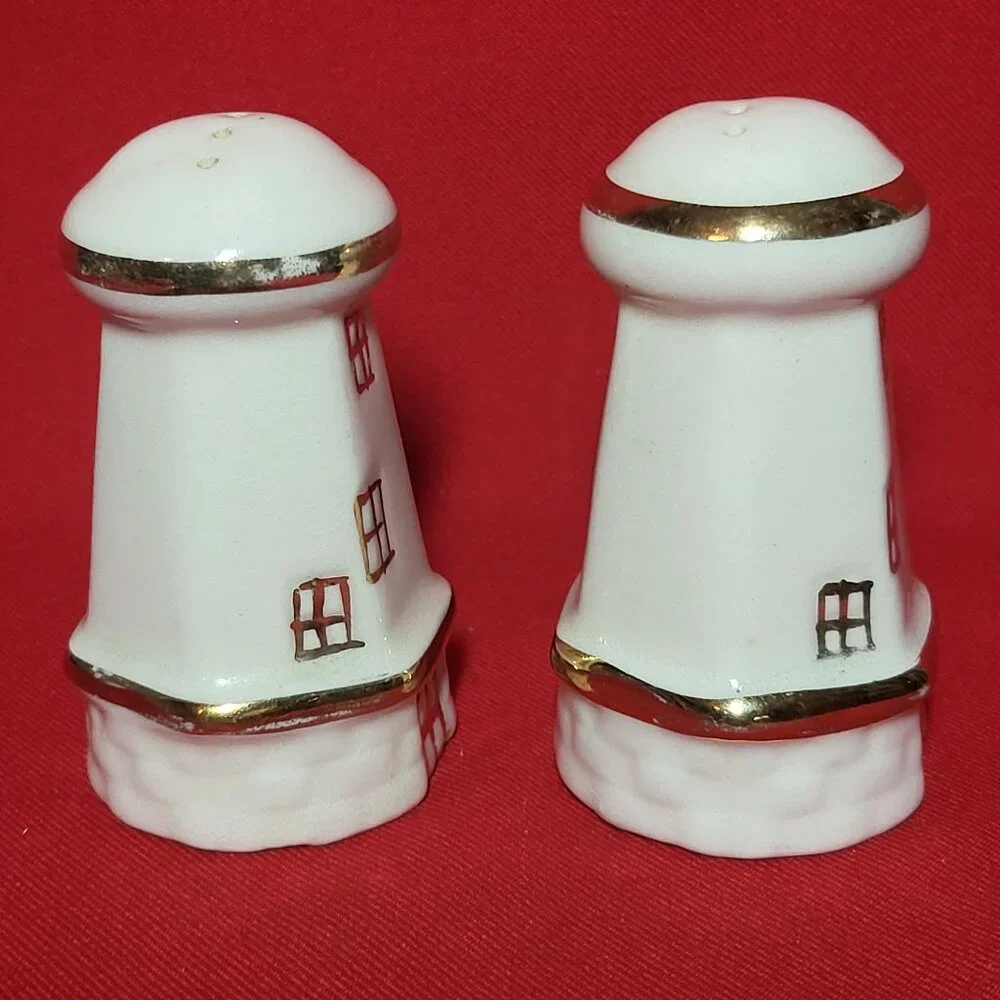 Vintage Lighthouse Salt and Pepper Shaker Gold Trim Set of 2